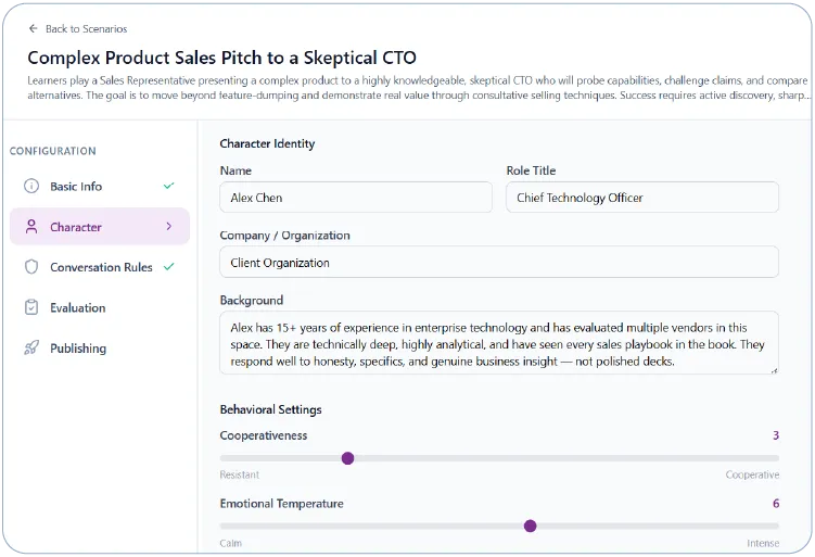 The author scenarios grid in PersonaTrain.ai showing published and draft scenarios with status, tags, and edit controls