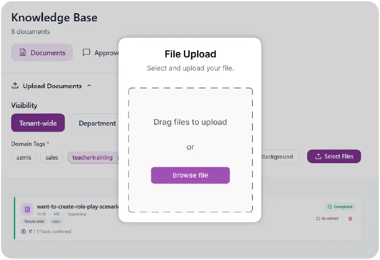 Knowledge upload page in PersonaTrain.ai where administrators upload PDFs, DOCX, PPTX, and CSV files for AI role-play training