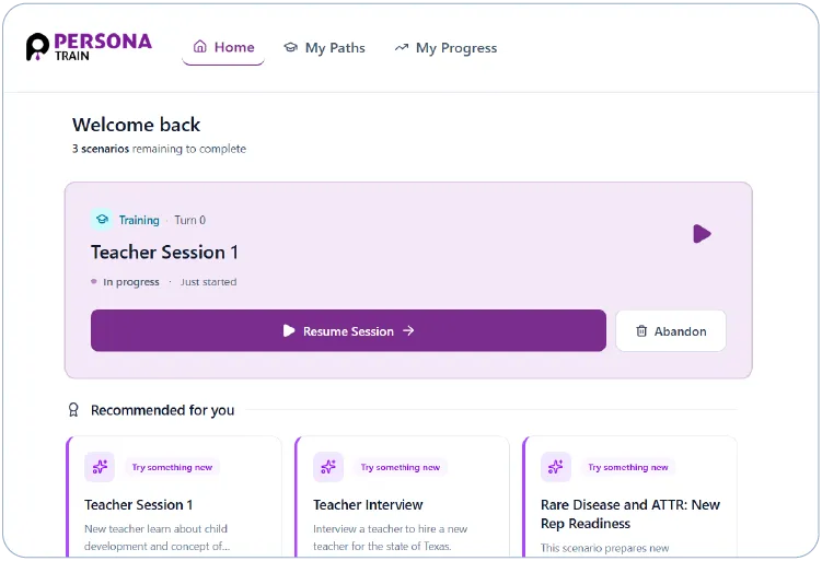 The learner home in PersonaTrain.ai showing recommended scenarios, retry options, recent activity, and a personal competency snapshot