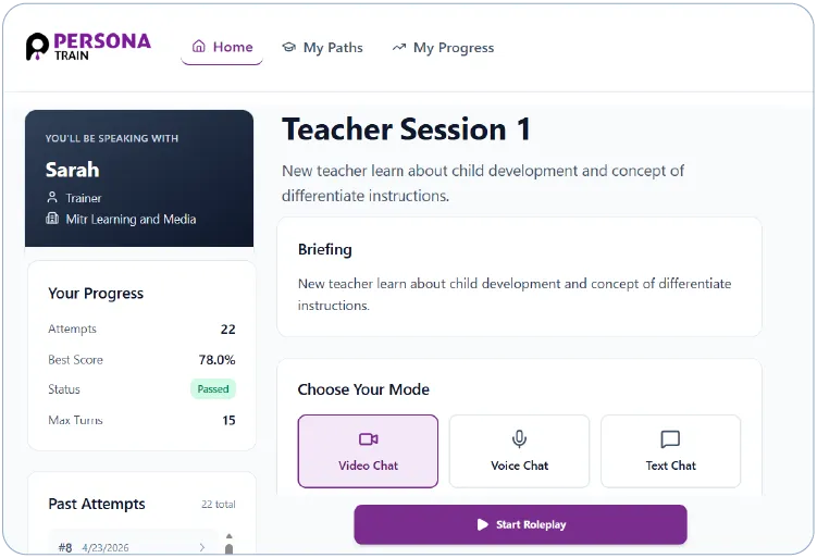The mode picker in PersonaTrain.ai where learners choose Voice, Text, or Video Chat before starting a roleplay session