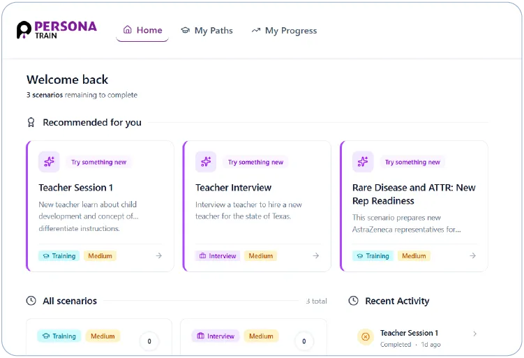 PersonaTrain AI Performance Coach interface showing contextual, role-specific guidance and knowledge application for learners