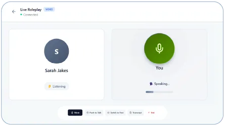 The voice chat experience in PersonaTrain.ai showing the live two-party voice interface with mute, push-to-talk, transcript, and end-session controls